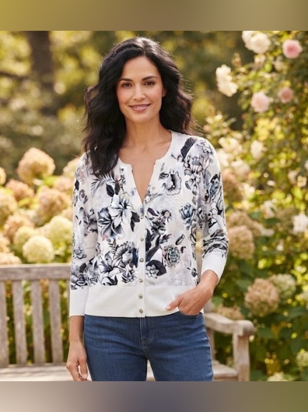 White House Black Market Artistic Floral Print Button-Up Cardigan Sweater Size S